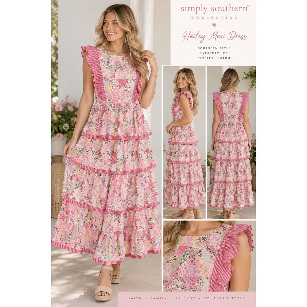 Simply Southern Hailey Maxi Dress M Pink Patchwork Floral Cottagecore NWT